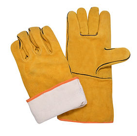 Wing thumb, fully lined welder glove made of yellow split leather with cotton hem, sewn with Kevlar and black welted seams; 35cm long