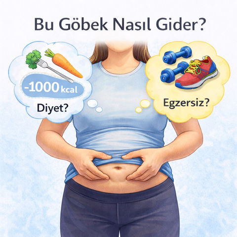 Karın bölgesindeki yağlanmayı düşünen bir kadının, diyet ve egzersiz seçeneklerini sorguladığı illüstrasyon