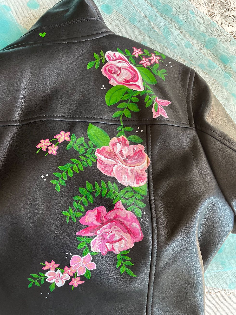Thumbnail: Black leather jacket with hand-painted pink roses and green leaves details.