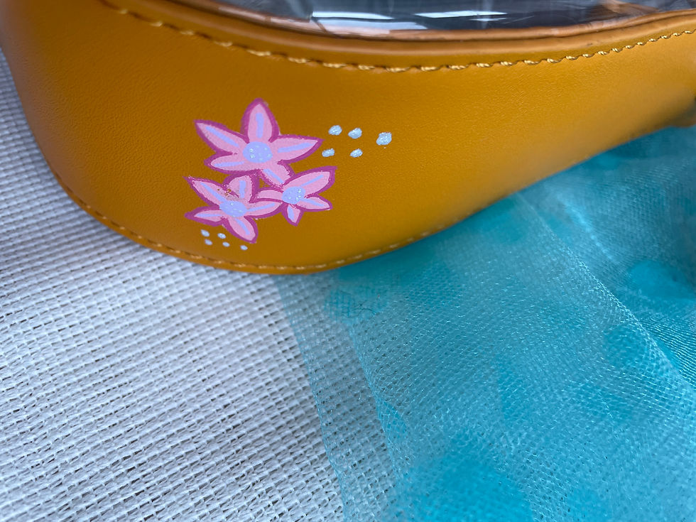 Thumbnail: Yellow cosmetic bag with pink flowers design on a blue background.