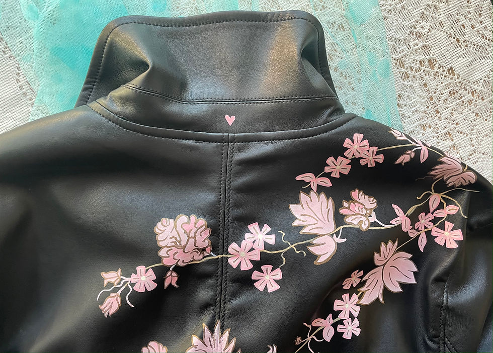 Thumbnail: Black leather jacket with pink floral embroidery and small heart detail.