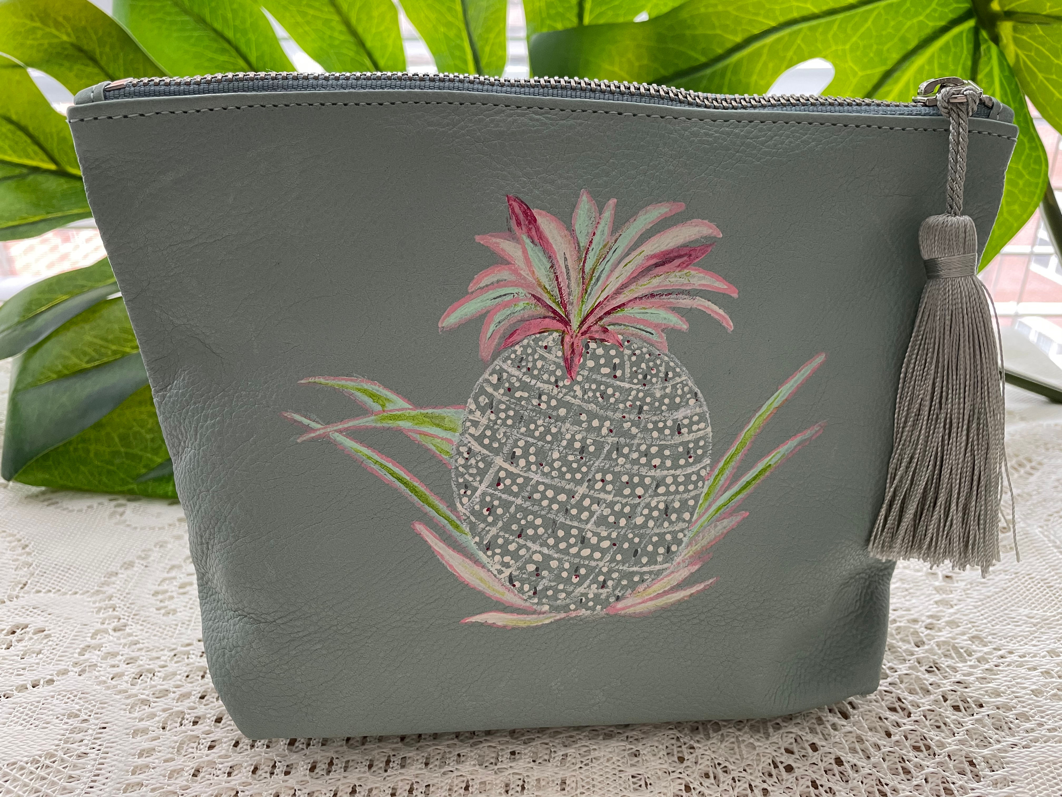 Pineapple embroidered clutch in gray, perfect for travel and sixteensisters.com