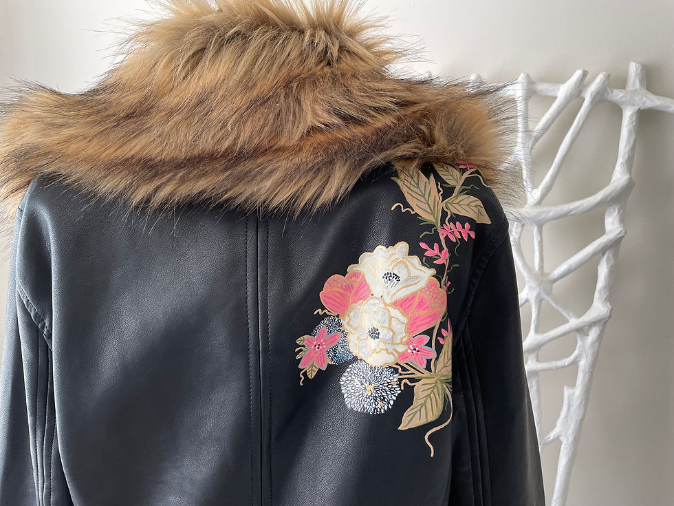 Thumbnail: Black leather jacket with fur hood and floral embroidery details.