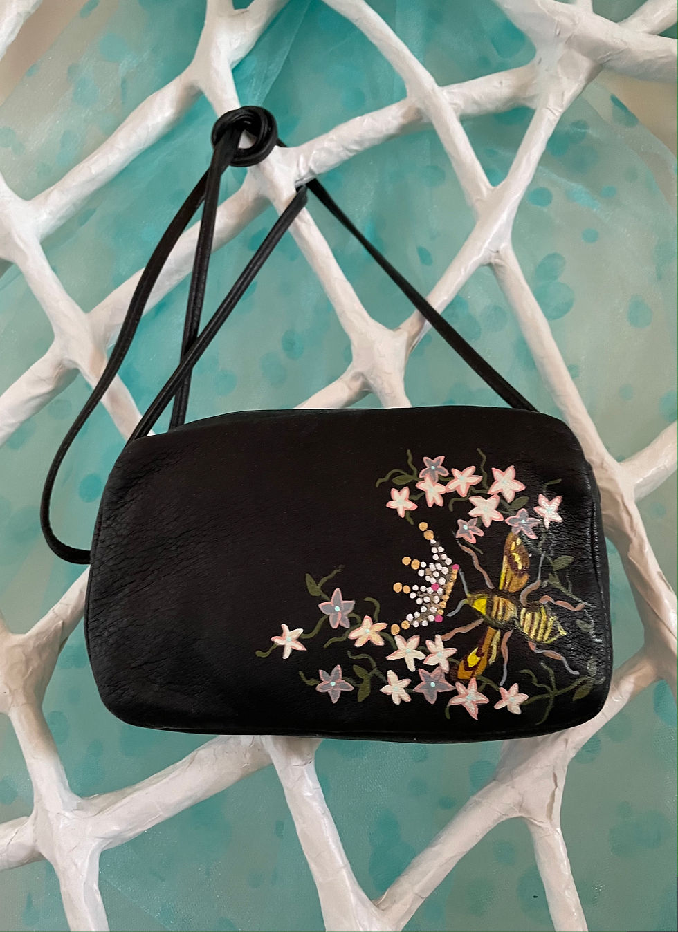 Thumbnail: Black handbag with flower and bee embroidery, vintage style RENEE ~ sixteensisters.com