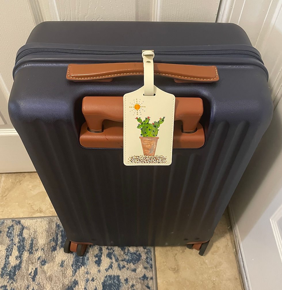 Thumbnail: Blue suitcase with tag featuring a plant illustration and travel context