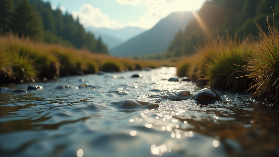 Close-up view of a serene landscape with a gentle stream