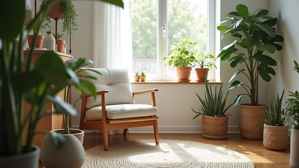 Eye-level view of a cozy room with plants and a comfortable chair