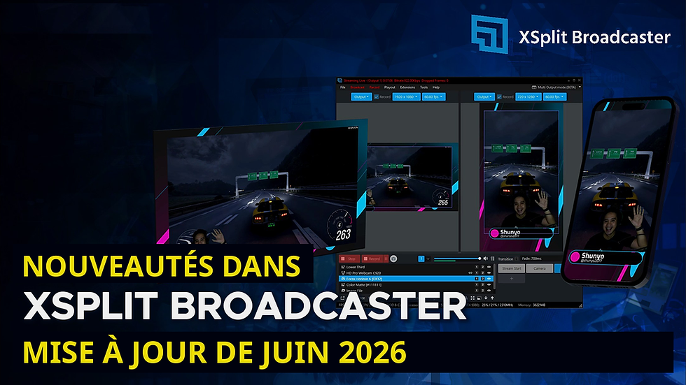 Visuel de la mise à jour de juin 2026 de XSplit Broadcaster, avec des dispositions de jeu horizontale et verticale sur un écran et un téléphone.