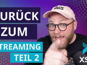 Banner zu Zurück zum Streaming, Teil 2 mit einem Streamer mit Brille und Kappe, der auf die Kamera zeigt, und dem XSplit-Logo.