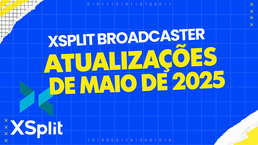 Fundo quadriculado azul com detalhes de papel rasgado. Texto: “Atualizações de maio de 2025 do XSplit Broadcaster” em letras amarelas e brancas em negrito. Logotipo do XSplit no canto inferior esquerdo.