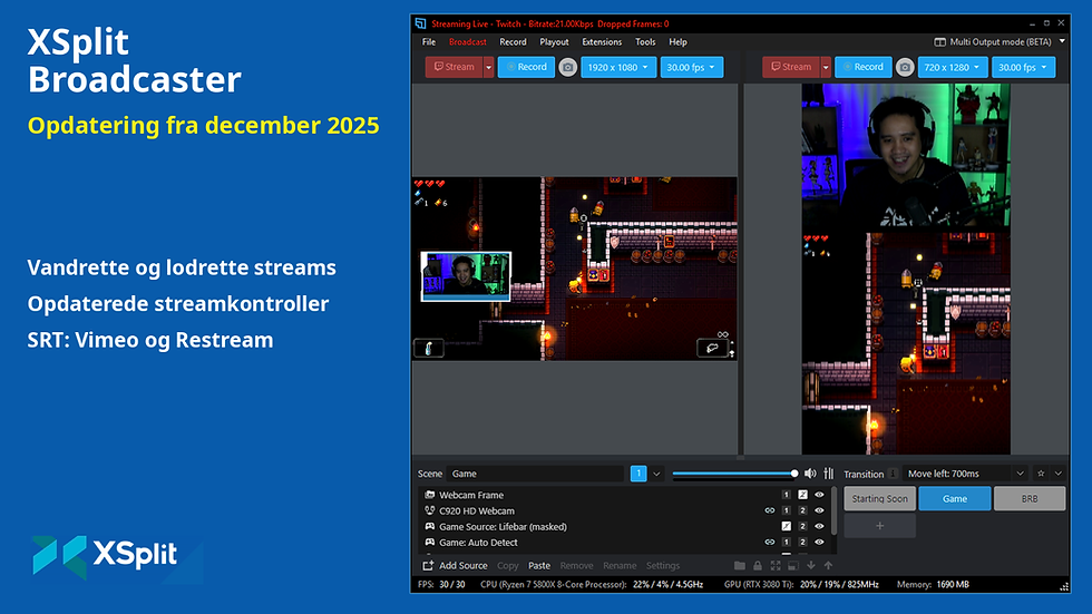 XSplit Broadcaster-opdateringsbanner viser streamingsoftwarens brugerflade med en smilende person. Teksten fremhæver multi-output og forbedret UI/UX.