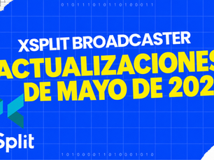 Fondo de cuadrícula azul con detalles de papel rasgado. Texto: «Actualizaciones de mayo de 2025 de XSplit Broadcaster» en letras amarillas y blancas en negrita. Logotipo de XSplit abajo a la izquierda.
