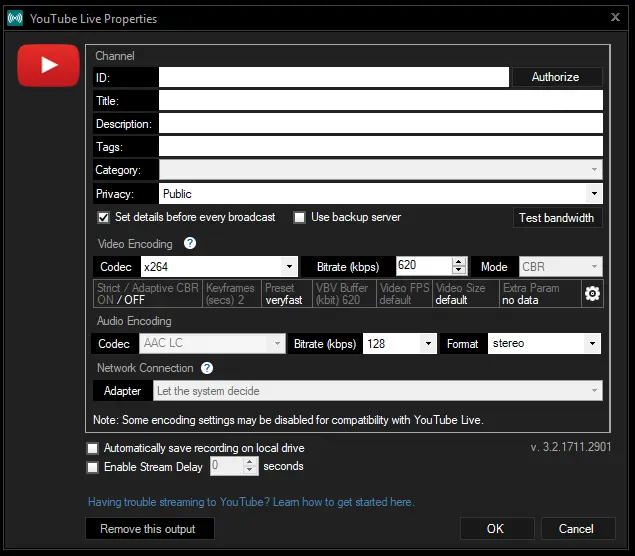 YouTube Live Properties settings window with fields for ID, Title, Description, video/audio encoding, and privacy options. Black background.