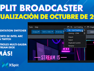 Banner de la actualización de octubre de 2026 de XSplit Broadcaster con Presentation Switcher, soporte de Intel Arc para Twitch, controles multi-salida de Stream Deck y más.