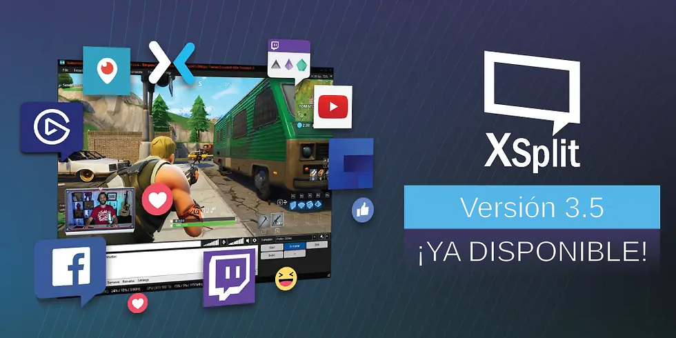 Banner de XSplit versión 3.5 con una pantalla de juego, iconos de redes sociales y el anuncio de que ya está disponible.