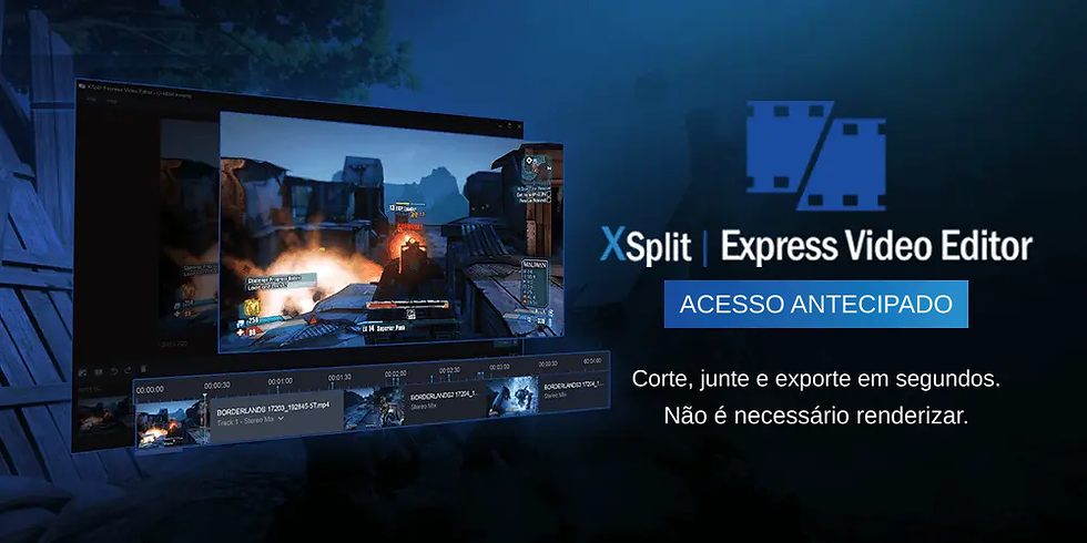 XSplit Express Video Editor com imagens de jogo, uma linha do tempo de edição e texto sobre acesso antecipado, corte, junção e exportação sem renderização.