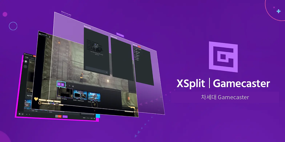"게임 화면들이 겹쳐 있는 보라색 배경으로 XSplit Gamecaster 소프트웨어를 소개한다. 글자는 'XSplit Gamecaster THE NEXT GENERATION.'이다."