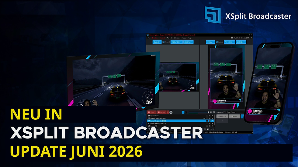 Cover des Juni-2026-Updates von XSplit Broadcaster mit horizontalen und vertikalen Gaming-Layouts auf einem Monitor und einem Smartphone.