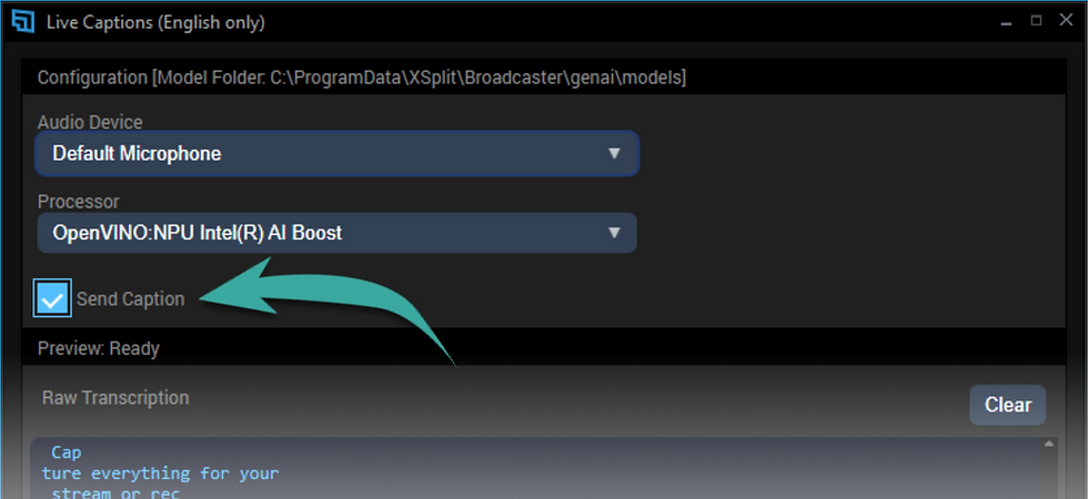 A caixa Send Caption ativada na ferramenta Live Captions do XSplit Broadcaster.
