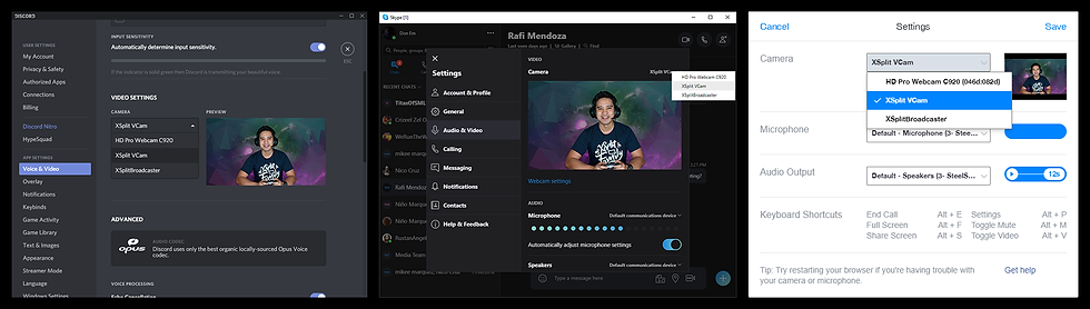 Paramètres vidéo de Discord et Skype affichant un homme souriant sur fond coloré. Options de caméra sélectionnables. Interface noire et blanche.