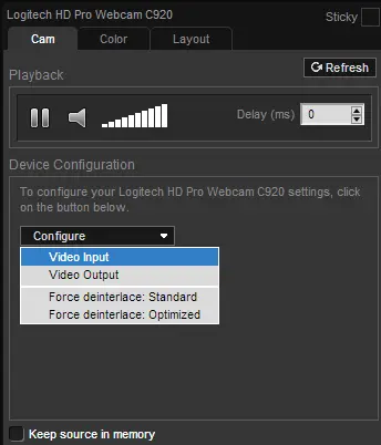 Logitech HD Pro Webcam C920 settings interface displaying playback and device configuration options with a dropdown menu for video input.
