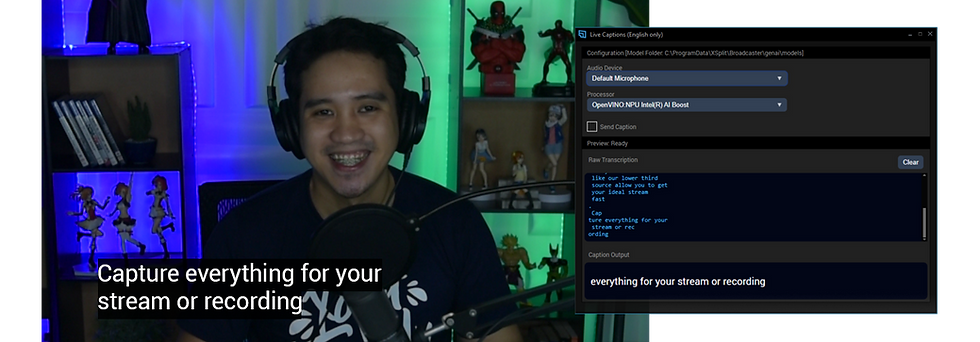 Streamer ao lado da janela Live Captions do XSplit Broadcaster, com um exemplo de legenda visível.