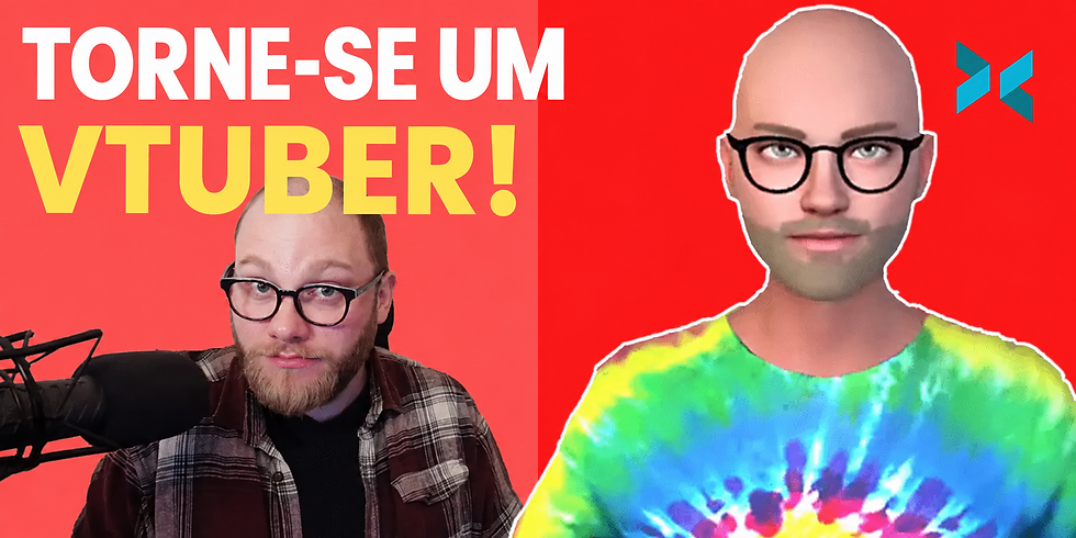Pessoa de óculos e microfone à esquerda e avatar animado com camiseta tie-dye à direita, em um banner vermelho sobre se tornar VTuber.