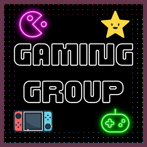 Gaming Group text with neon icons and a handheld console.
