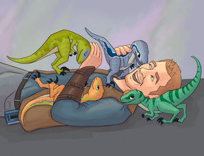 My illustration of Owen with the Baby Raptors from Jurassic Park