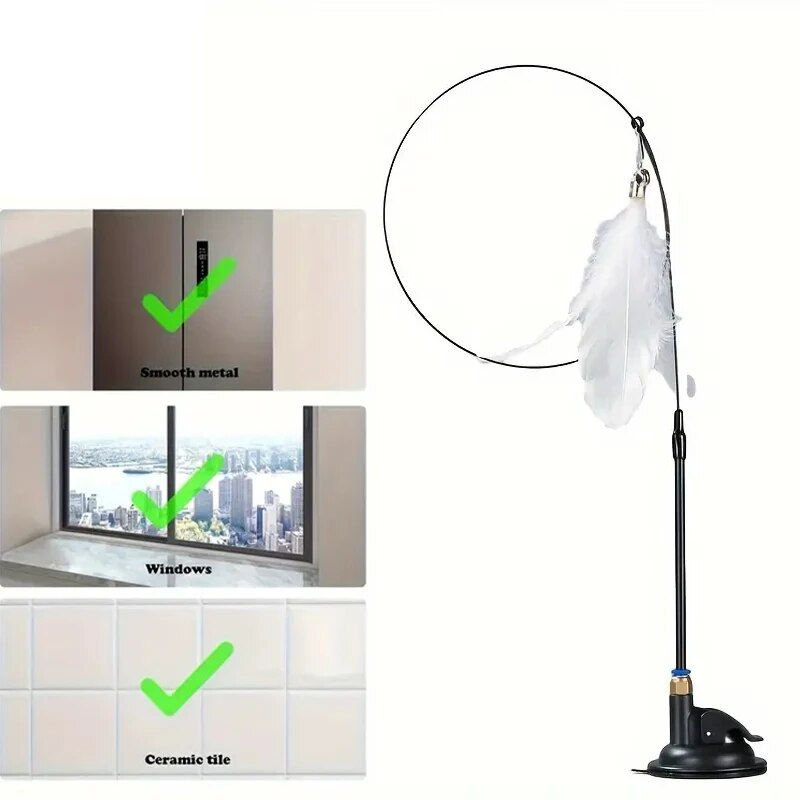 Thumbnail: Cat Teaser Toy - Interactive Bell & Feather Wand - Long Suction Cup Pole for Exc