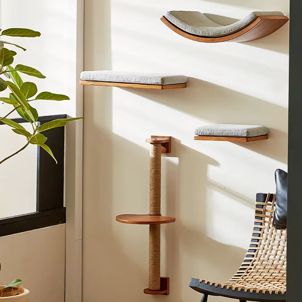 Wall Mount Cat Furniture Natural Wood Floating Cat Shelves Indoor Kitten Climbin