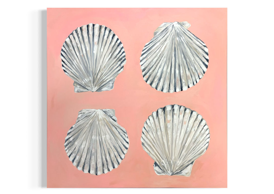Four scallop shells on a peach background
