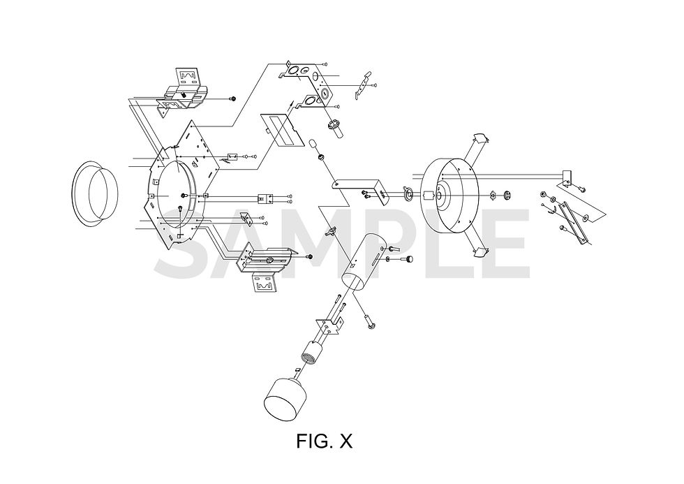 Mechanical drawings of an engine. Includes the text SAMPLE and FIG. X. Utility Patent Drawings.