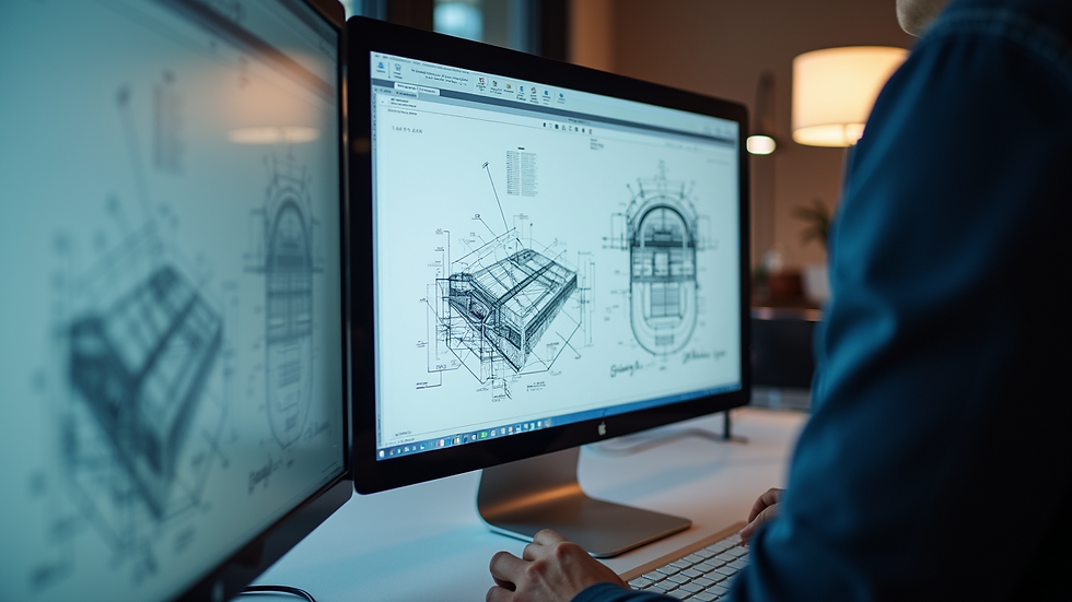 Eye-level view of a professional drafting a patent drawing on a computer screen