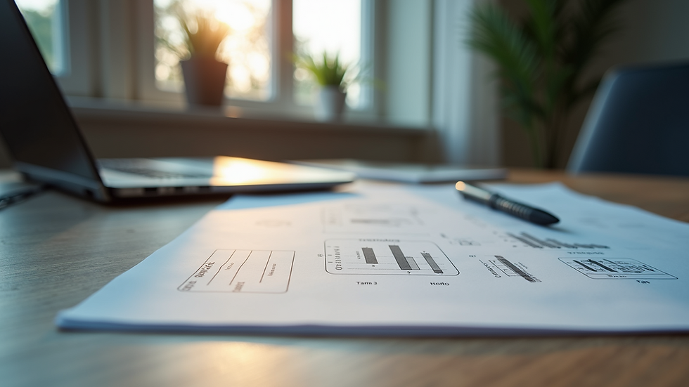 Eye-level view of a desk with patent documents and a laptop