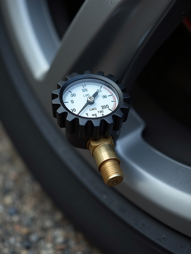 A close-up of a tire pressure gauge being used on a car wheel.