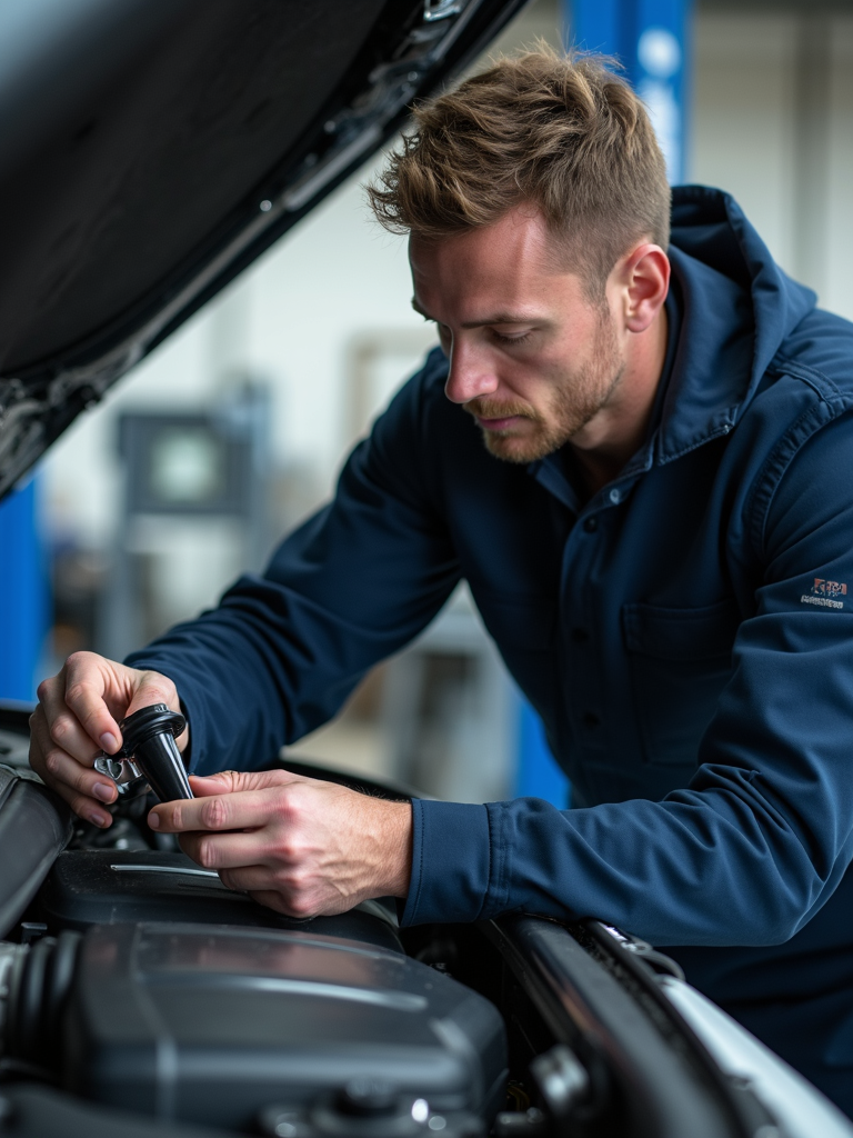 A professional technician checking oil fluid levels under the hood of a car.