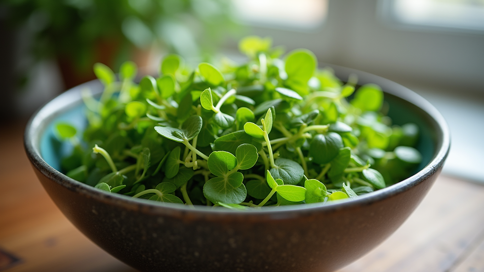 Eye-level view of a fresh microgreen salad bowl with vibrant colors