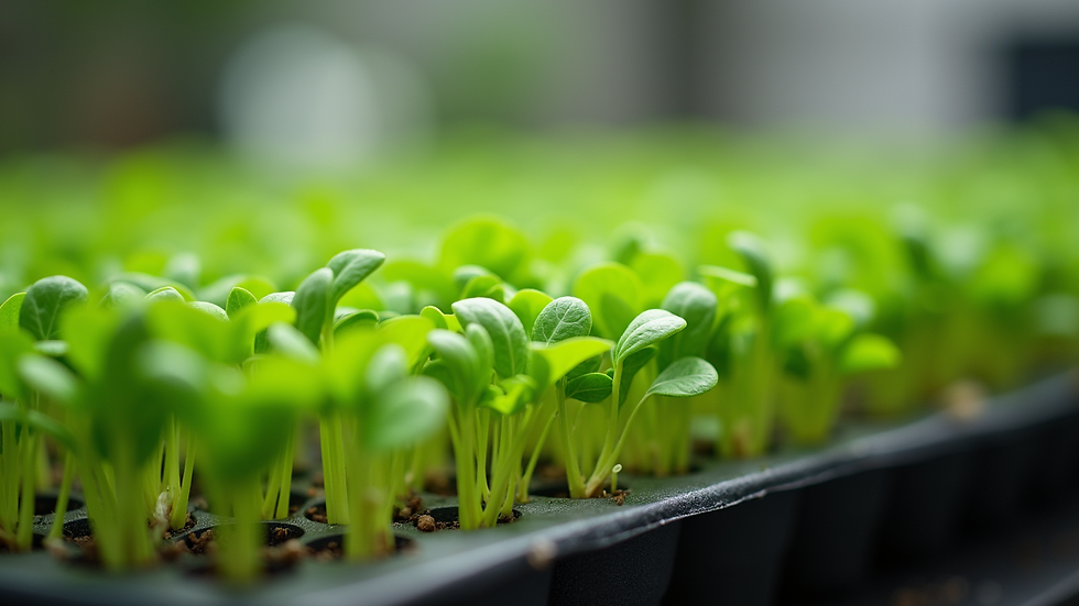 Close-up view of vibrant green microgreens growing in a local farm tray