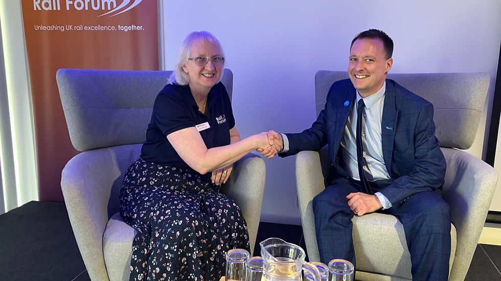 Pictured: Elaine Clark, CEO of Rail Forum, alongside James Hammett following the official signing.
