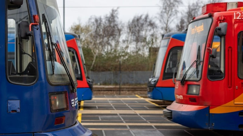 Four SYMCA Supertram's facing one another at the depot