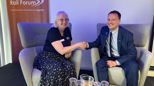 Pictured: Elaine Clark OBE, CEO of Rail Forum, alongside James Hammett following the official signing.