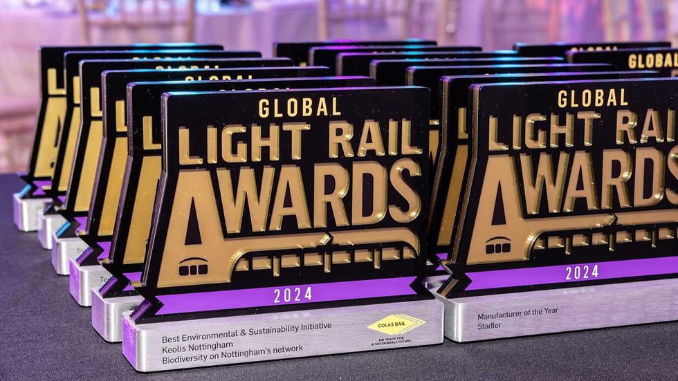 Global Light Rail Awards, two rows of trophy awards
