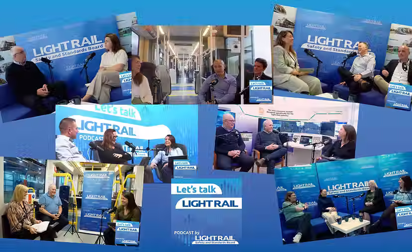 A collection of images of The Light Rail Safety Standards Board and podcast guests