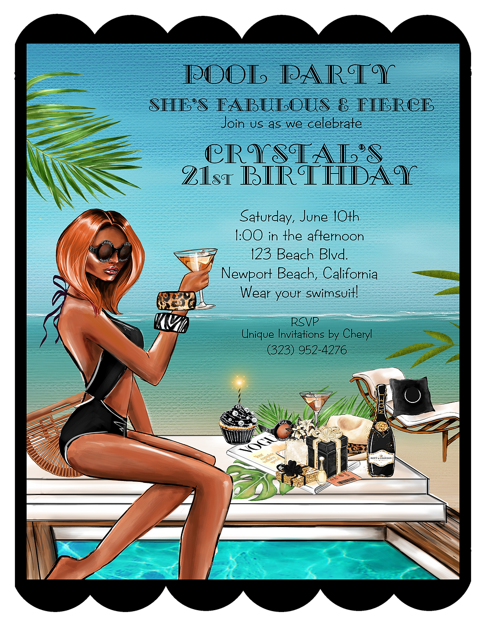 Thumbnail: African American Fierce Lady Pool Party Invitation (sold in sets of 10)