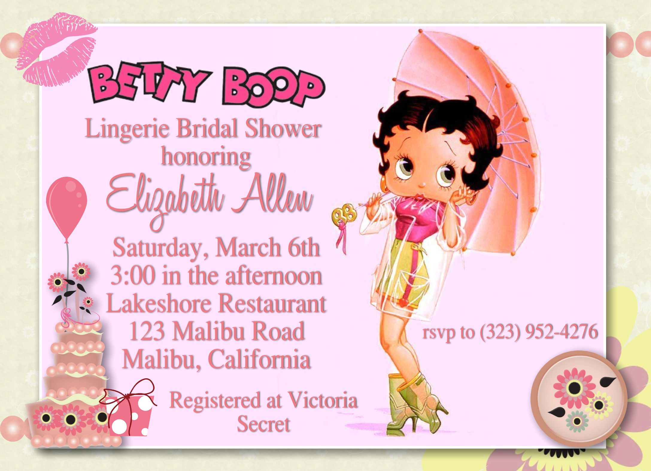 Betty Boop Pink Lingerie Bridal Shower & Event Invitation (sold in sets of 10)