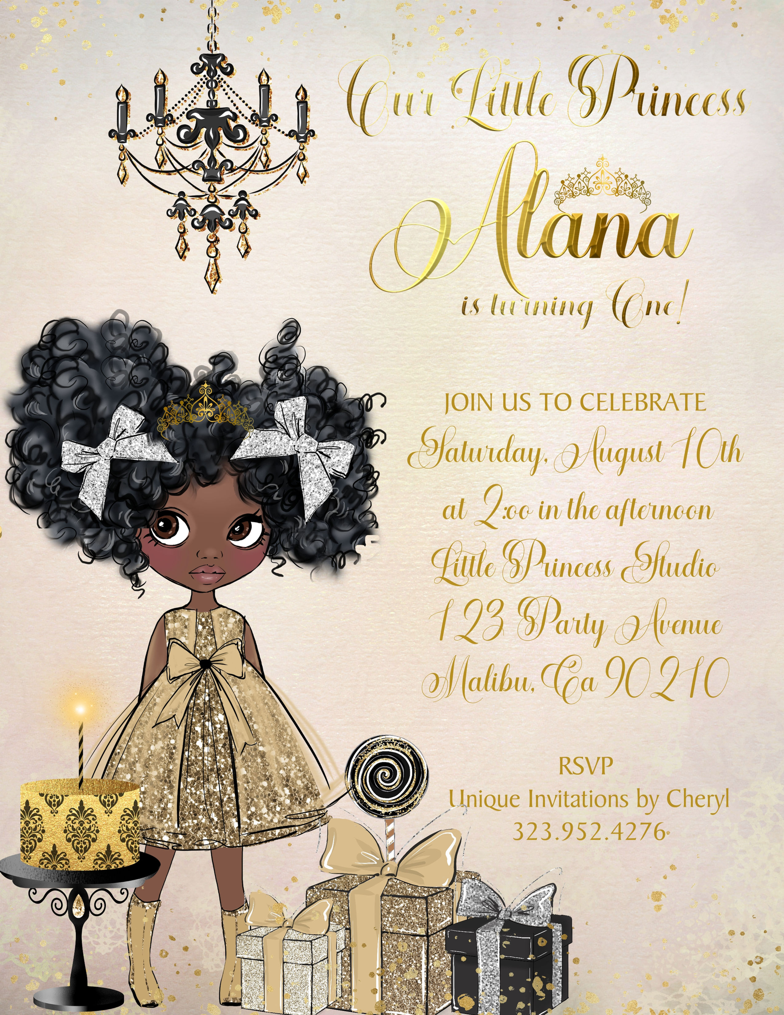 Black Little Princess Birthday Party Invitation (sold in sets of 10)