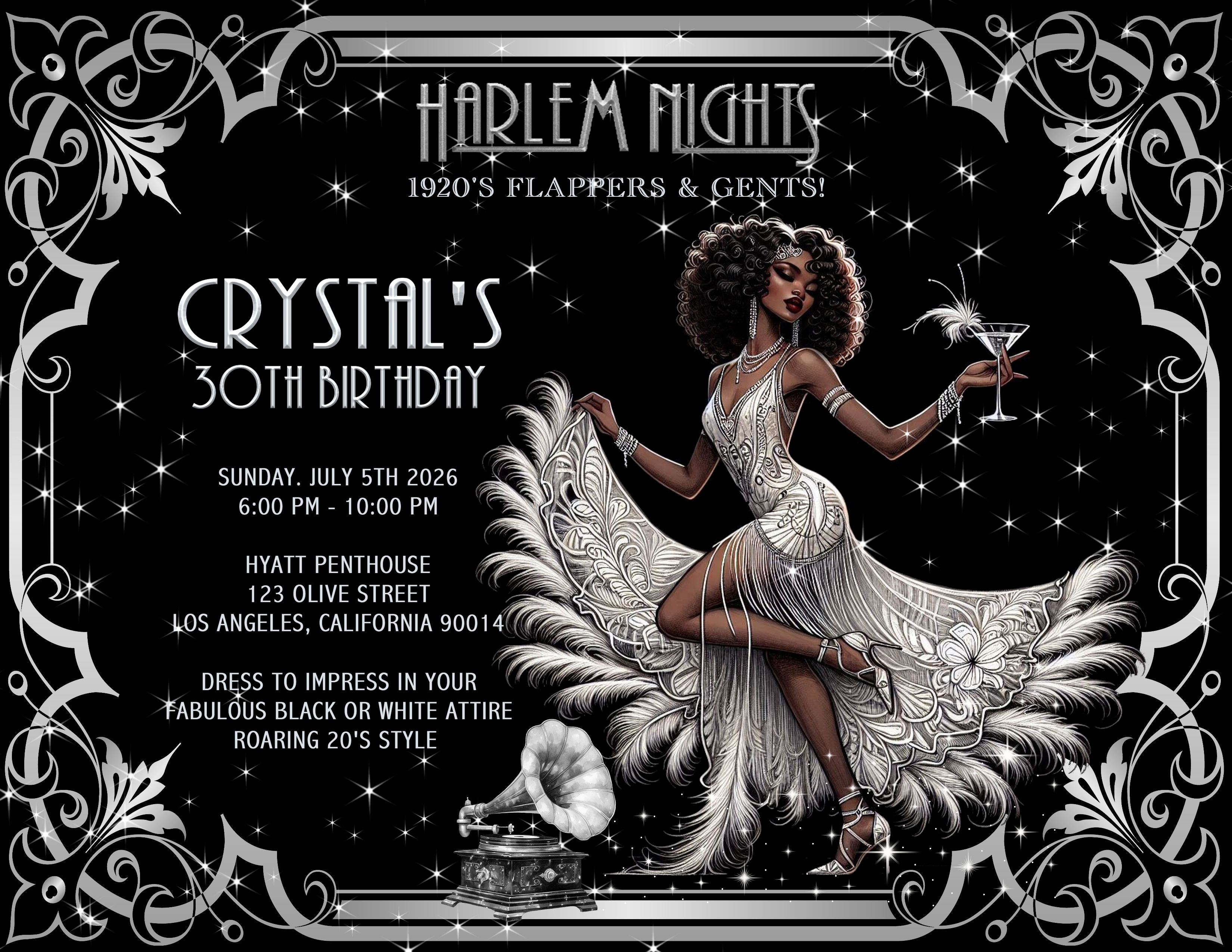 Harlem Night Silver Party Invitation (sold in set of 10)