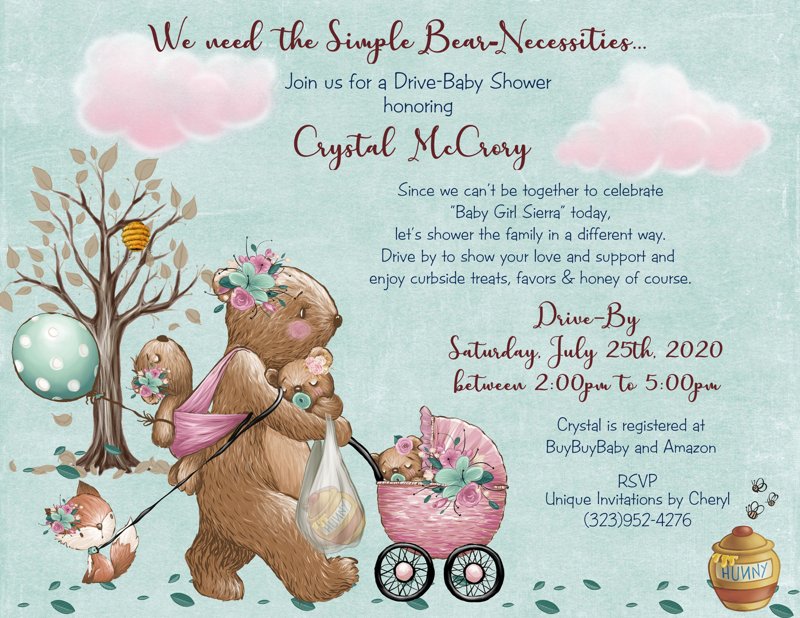 Bear-Necessities Drive-By Baby Girl Shower Invitations (sets of 10)