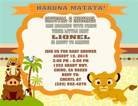 Lion King Hakuna Matata Baby Shower Invitations Sold In Sets Of 10